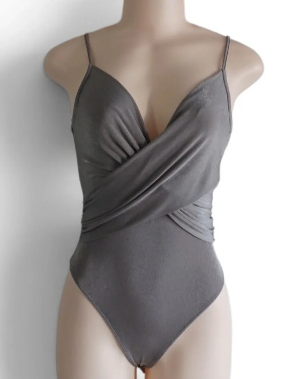 Astr Silver Draped V-Neck Spaghetti Strap Bodysuit